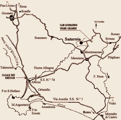 Mappa della Maremma toscana  dai Monti dell'Uccellina a Montalto, l'Argentario, Saturnia